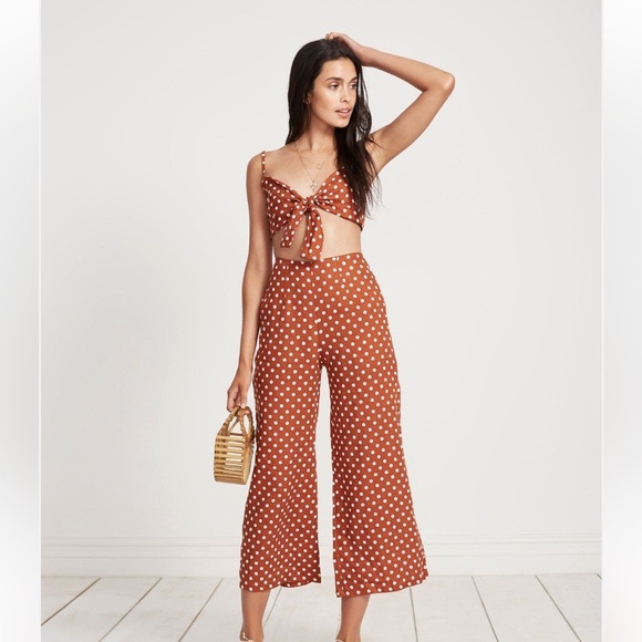 Faithfull the Brand Polka dot rust white linen high waist cropped wide leg pants - Picture 5 of 14